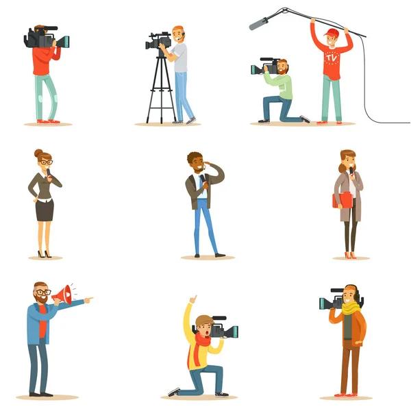 Nieuws programma bemanning van professionele cameramannen en journalisten maken Tv-uitzending van levende televisie collectie van stripfiguren — Stockvector