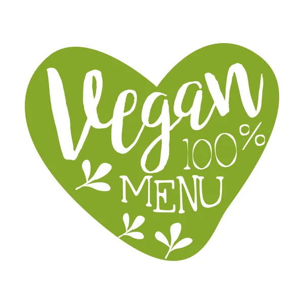 Vegan menu green label in the shape of a heart, vector illustration — Stock Vector