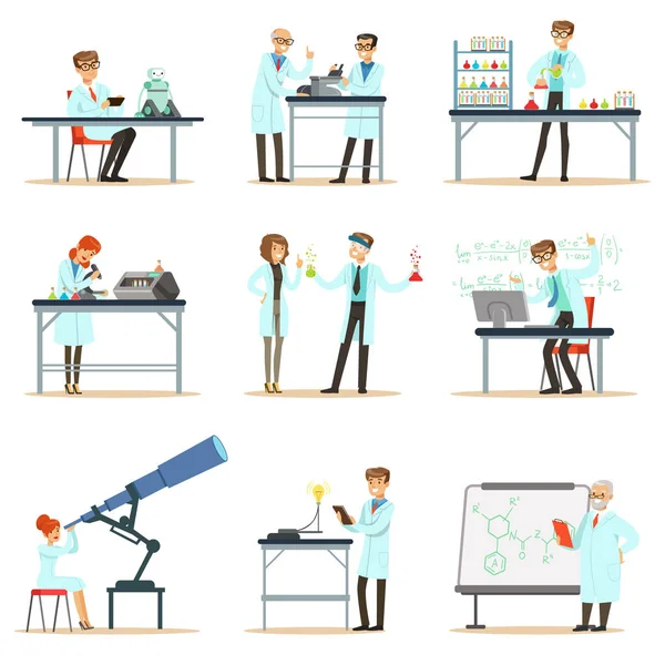 Forskare vid arbete i ett labb och ett kontor uppsättning leende människor arbetar i akademiska vetenskap vetenskaplig forskning — Stock vektor