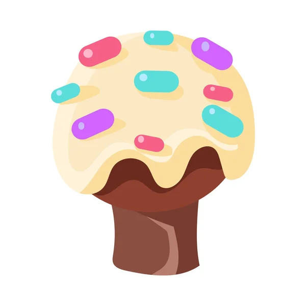 Árbol de pastel de chocolate cubierto con glaseado blanco y dulces. Colorido vector de dibujos animados Ilustración — Vector de stock