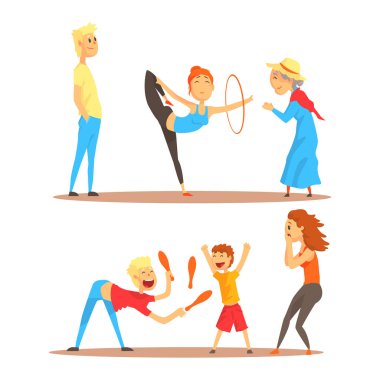 Çember ile jimnastik dansı yapan kız. İğne ile oynarken hokkabazlık yapmak. Sirk veya sokak aktörler renkli karikatür detaylı vektör çizimler ayarla