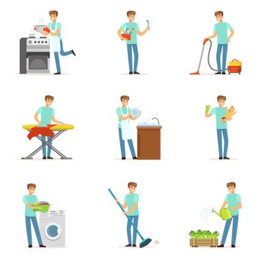 Yıkama, Ütü çocuk kadar getirerek onların ev temizliği mutlu househusband erkekler. Renkli karikatür detaylı vektör çizimler kümesi