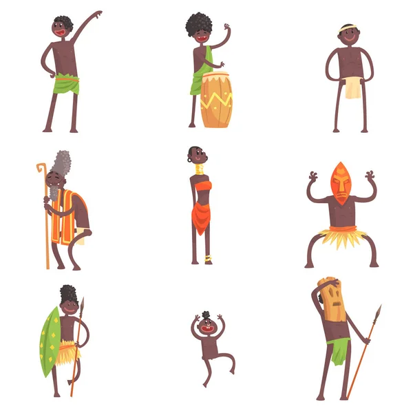 Membrii tribului african care dansează și fac ritualuri religioase în haine de frunze Set de caractere de desene animate zâmbitoare — Vector de stoc