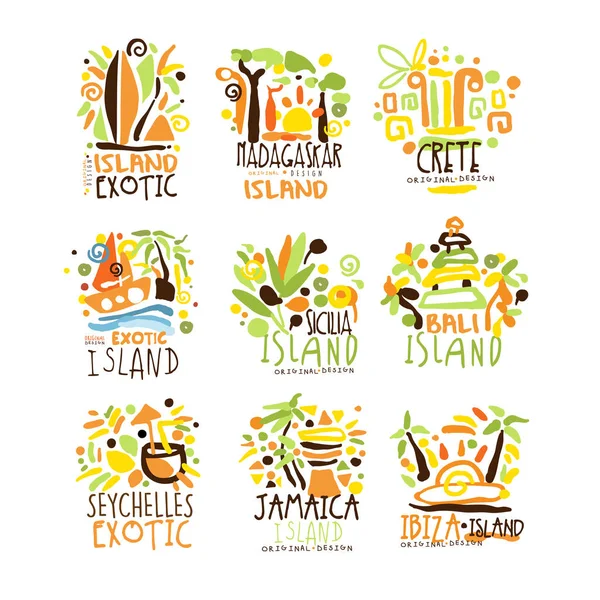 Madagascar, concrete, bali, seychelles, ibiza, jamaica resort set für label design. Sommer Strand Tourismus und Ruhe Vektor Illustrationen — Stockvektor