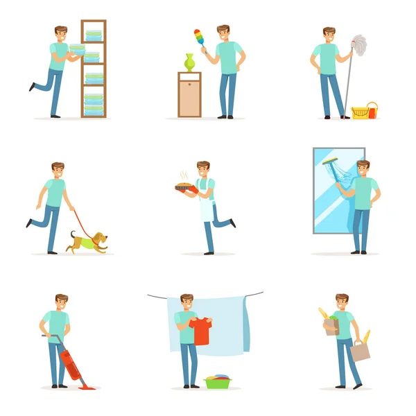 Smiling househusbands washing, cooking, cleaning and shopping. Set of colorful cartoon detailed vector Illustrations — Stock Vector