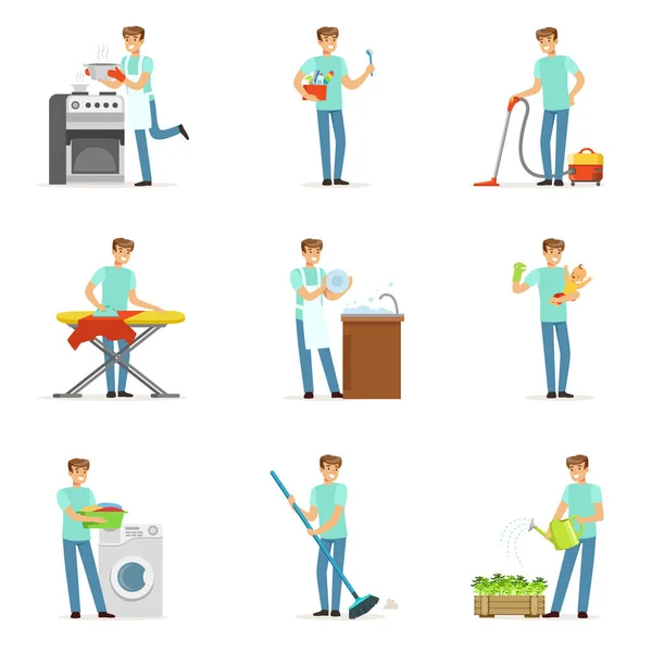 Glad househusband män rengöring deras hus, tvättning, Strykningsservice uppfostra barn. Uppsättning färgglada tecknade detaljerad vektor illustrationer — Stock vektor
