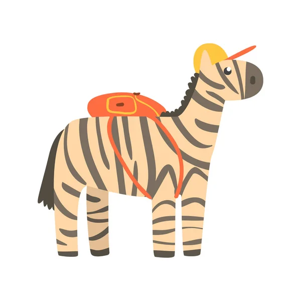 Sevimli çizgi zebra sarı olabilir ve sırt üstünde onun sırt çantası ile. Afrika hayvan renkli karakter vektör çizim — Stok Vektör
