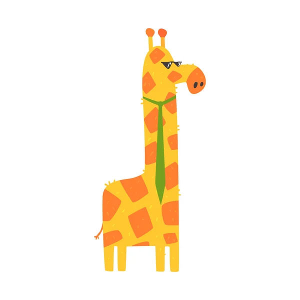 Schattige cartoon giraf met groene stropdas. Afrikaanse dieren kleurrijke karakter vector illustratie — Stockvector