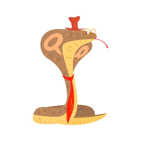 Linda serpiente cobra de dibujos animados con gafas, sombrero de copa rojo y corbata. Colorido personaje de dibujos animados vector Ilustración — Archivo Imágenes Vectoriales