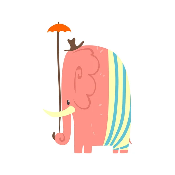 Bonito rosa desenho animado elefante menina com guarda-chuva e chapéu. Selva animal colorido personagem vetor Ilustração — Vetor de Stock