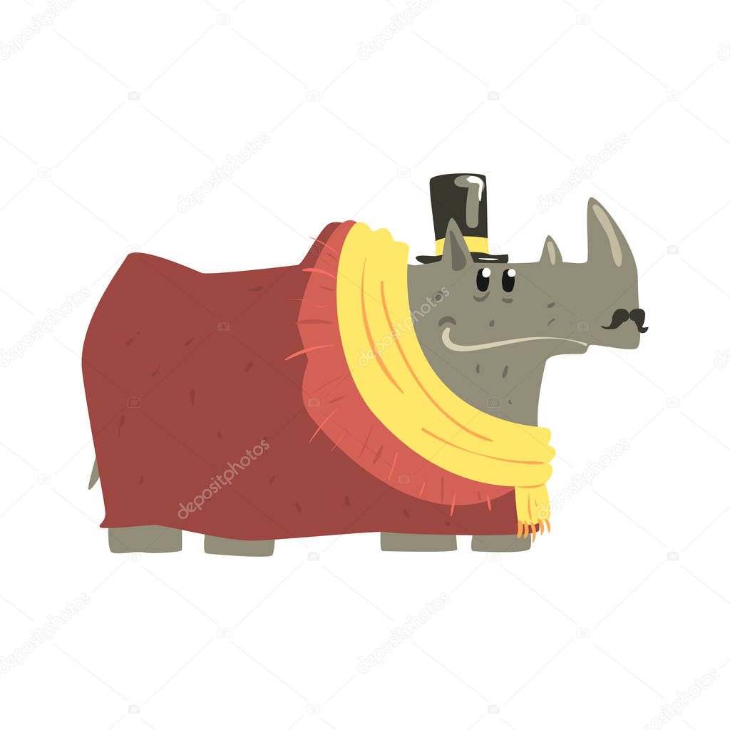 Cute cartoon rhinoceros wearing coat, scarf and top hat. African animal colorful character vector Illustration