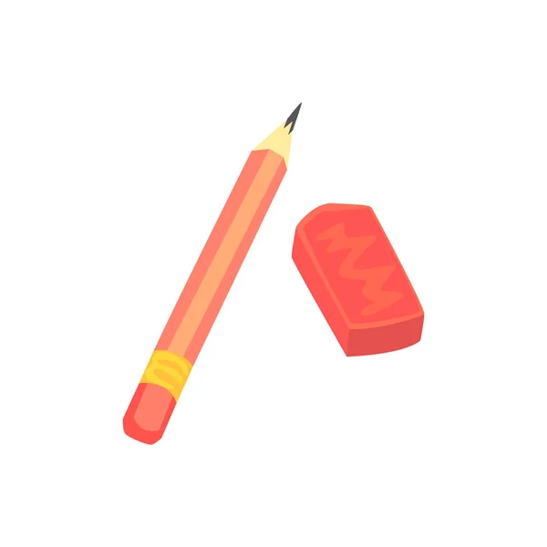 Rood potlood en gum. Artistieke of school apparatuur kleurrijke cartoon vector illustratie — Stockvector