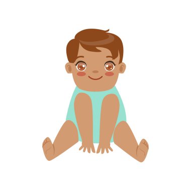 Sevimli gülümseyen bebek çocuk oturuyor. Renkli karikatür karakter vektör çizim