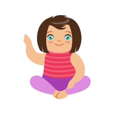 Mavi gözlü oturmuş gülümseyen esmer bebek kız. Renkli karikatür karakter vektör çizim