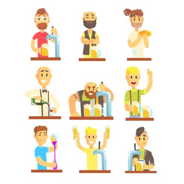 Karıştırma, dökme, açma ve alkollü içecekler etiket tasarımı için ayarla süsleme barmen. Renkli karikatür detaylı vektör çizimler