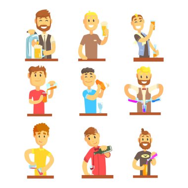 Neşeli gülümseyen barmen etiket tasarımı için ayarla barda hizmet vermektedir. Renkli karikatür detaylı vektör çizimler