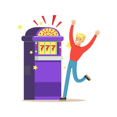 Kazanan jackpot slot makinesidir dostum. Renkli karikatür karakter vektör çizim