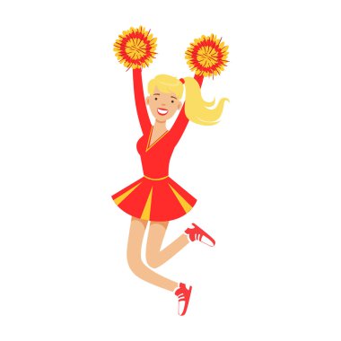 Blond cheerleader teenager girl jumping with red and yellow pompoms. Colorful cartoon character vector Illustration clipart