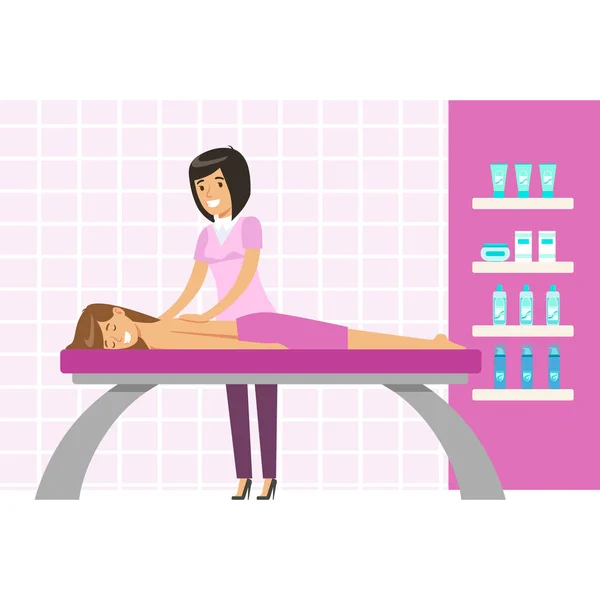 Junge Frau bei einer Massage in einem Wellness-Studio. bunte Zeichentrickfigur Vektor — Stockvektor
