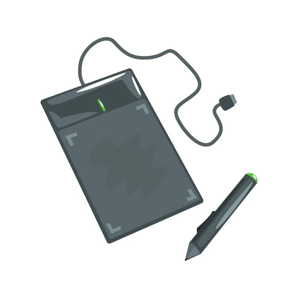 コンピューターのペンでお絵かき。功妙な装置のカラフルな漫画のベクトル図 — ストックベクタ