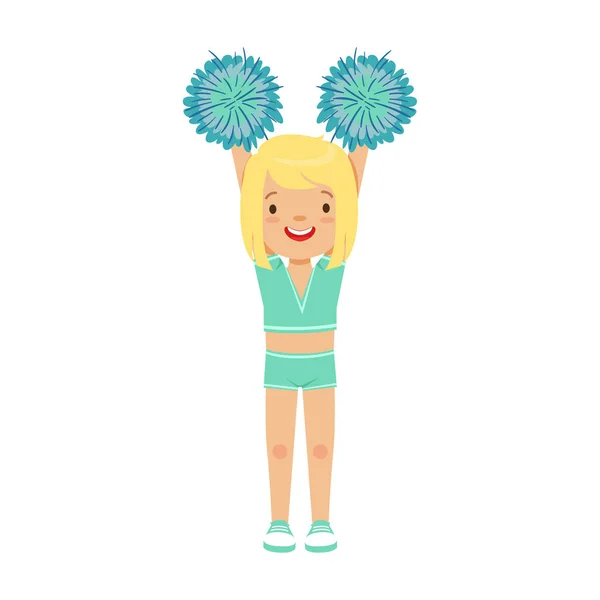 Cute little blond girl dancing with blue pompoms. Colorful cartoon character vector Illustration — Stock Vector