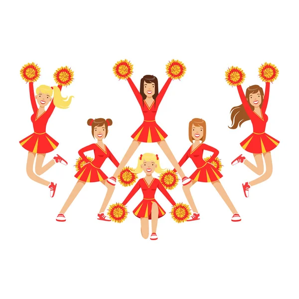 Animadoras con pompones bailando para apoyar al equipo de fútbol durante la competición. .. Colorido personaje de dibujos animados vector Ilustración — Archivo Imágenes Vectoriales