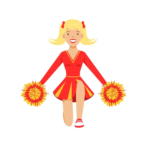 Menina adolescente cheerleader loira dançando com pompons vermelhos e amarelos. Desenhos animados coloridos personagem vetor Ilustração — Vetor de Stock