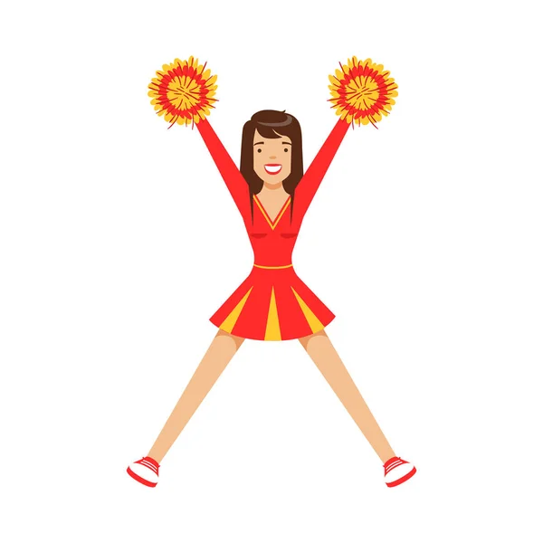 Chica animadora adolescente bailando con pompones rojos y amarillos. Colorido personaje de dibujos animados vector Ilustración — Vector de stock