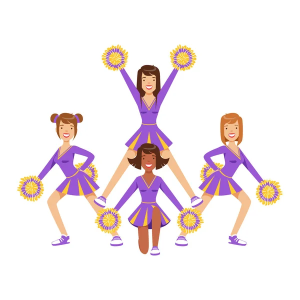 Ragazze cheerleader con pompon colorati che ballano per sostenere la squadra di calcio durante la competizione. Illustrazione colorata del vettore del personaggio dei cartoni animati — Vettoriale Stock