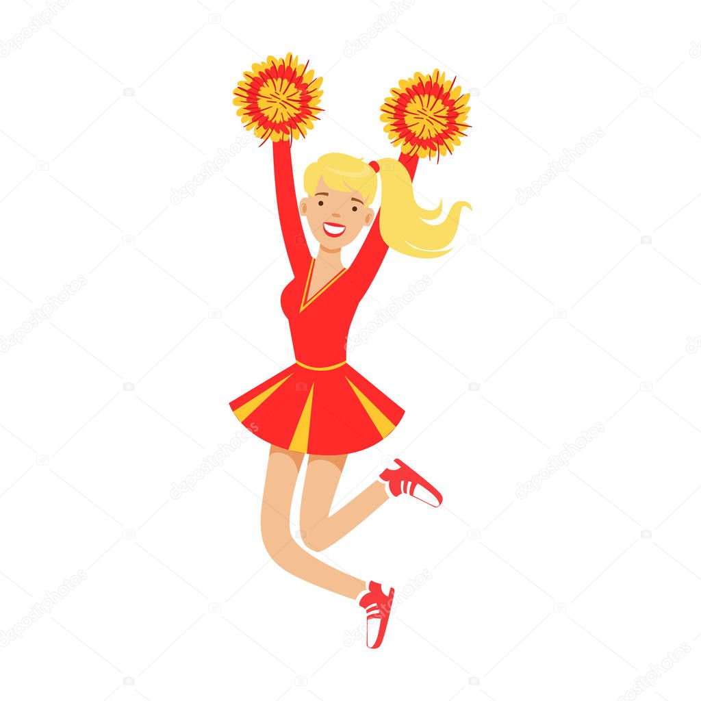 Blond cheerleader teenager girl jumping with red and yellow pompoms. Colorful cartoon character vector Illustration