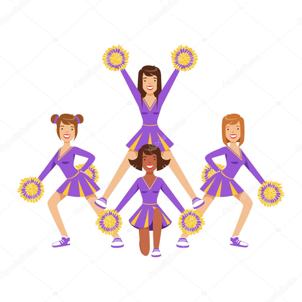 Cheerleader girls with colorful pompoms dancing to support football team during competition. Colorful cartoon character vector Illustration