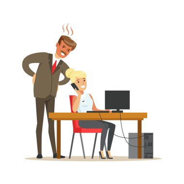 Öfkeli patron Sekreteri bağırıyor. Renkli karikatür karakter vektör