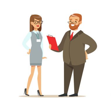 Ofis Yöneticisi iş görüşmesi. Renkli karikatür karakter vektör çizim