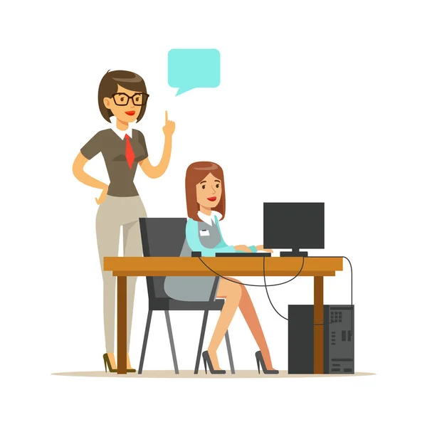 Mujer de negocios de pie en su subordinado y tomando notas, oficina en segundo plano. Colorido personaje de dibujos animados vector Ilustración — Vector de stock