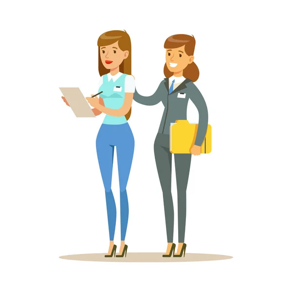 Twee jonge vrouw samen te werken in office. Kleurrijke cartoon karakter vector illustratie — Stockvector