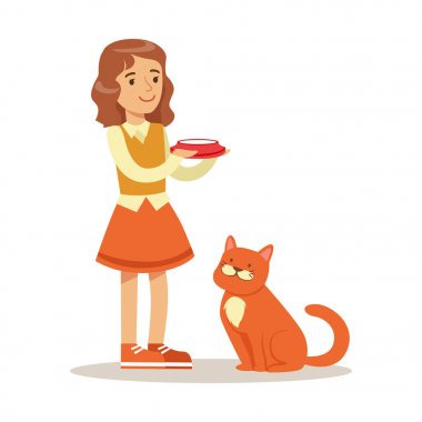 Sevimli küçük kız ile süt ve kırmızı kedi onun yanında oturan bir kase tutarak. Renkli karikatür karakter vektör çizim