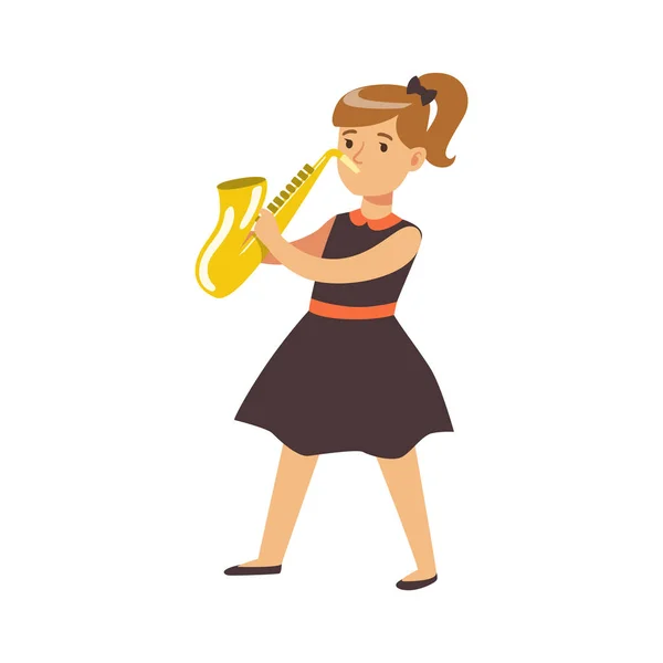 Young girl in black dress playing on saxophone. Colorful character vector Illustration — Stock Vector