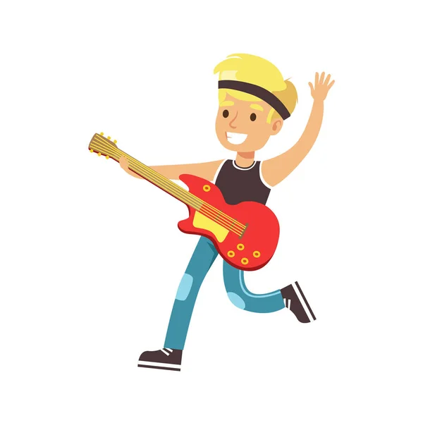 Kleiner lächelnder Junge, der Gitarre spielt. bunte Charakter Vektor Illustration — Stockvektor