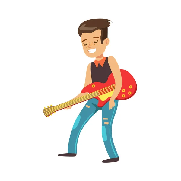 Glücklicher kleiner Junge, der Gitarre spielt. bunte Charakter Vektor Illustration — Stockvektor