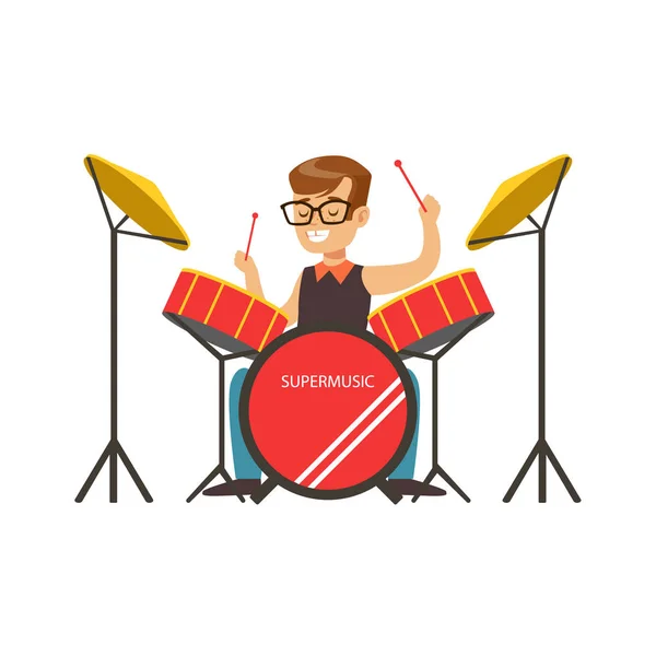 Little boy playing drums, little drummer. Colorful character vector Illustratio — Stock Vector