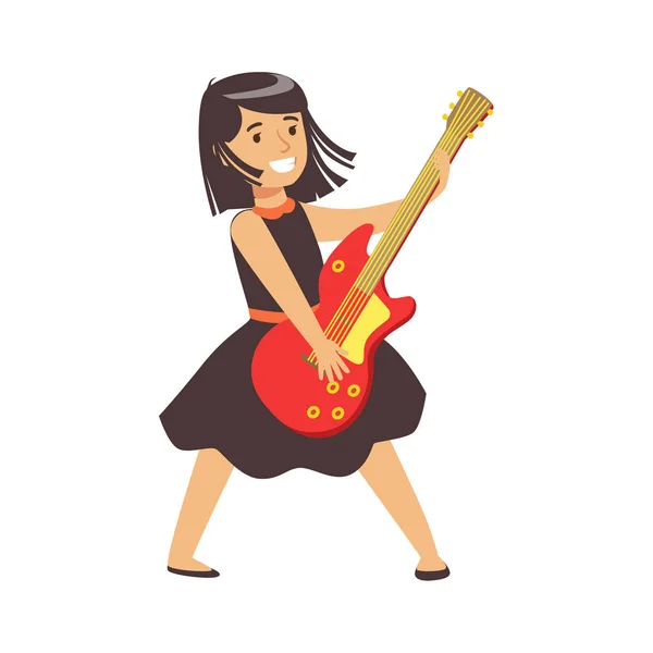 Menina morena jovem em vestido preto tocando guitarra. Vetor de caráter colorido Ilustração — Vetor de Stock