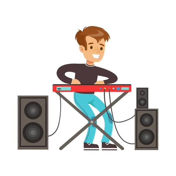 Young boy playing electric piano. Colorful character vector Illustration — Stock Vector
