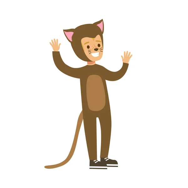 Criança vestida de gato com maquilhagem de gato. Desenhos animados coloridos personagem vetor Ilustração — Vetor de Stock