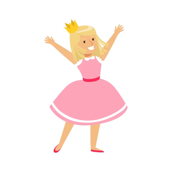 Mutlu gülümseyen kız bir prenses gibi giyinmiş. Renkli karikatür karakter vektör çizim — Stok Vektör