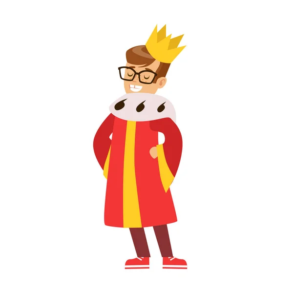 Sevimli küçük çocuk bir kral olarak giyinmiş. Renkli karikatür karakter vektör çizim — Stok Vektör