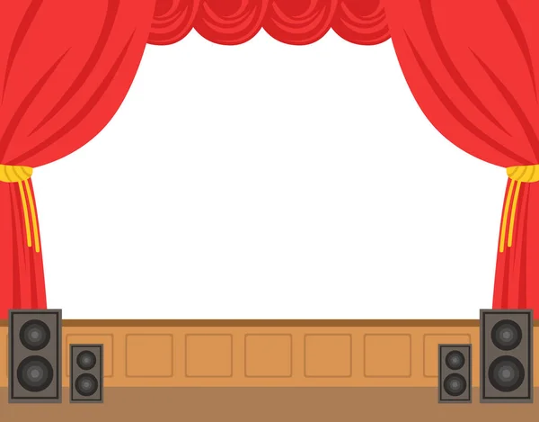 Theater podium met geopende rood gordijn. Kleurrijke cartoon karakter vector illustratie — Stockvector