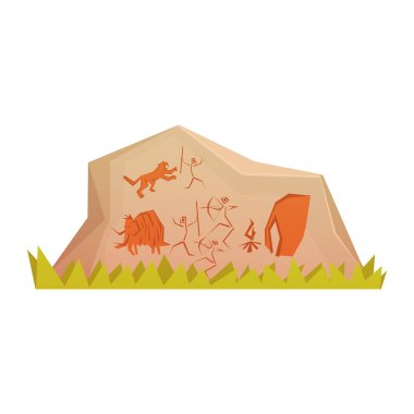 Prehistoric rock engravings, colorful vector illustration isolated clipart