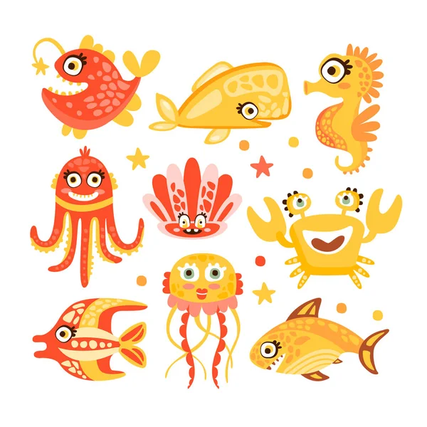 Cute cartoon sea creatures, marine life. Underwater world set of colorful characters vector Illustrations — Stock Vector