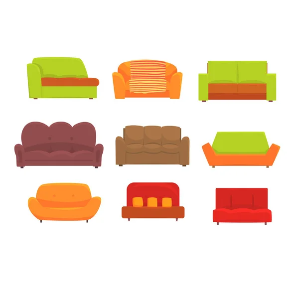 Divani, mobili per soggiorno. Comodo divano set di colorate dettagliate illustrazioni vettoriali — Vettoriale Stock