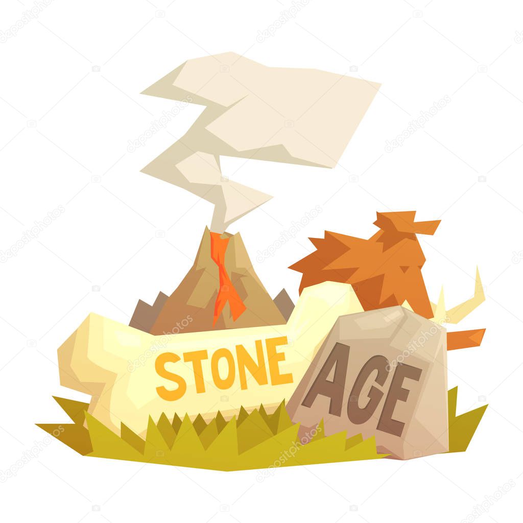Stone age elements, volcanic eruption, mammoth, prehistoric symbols